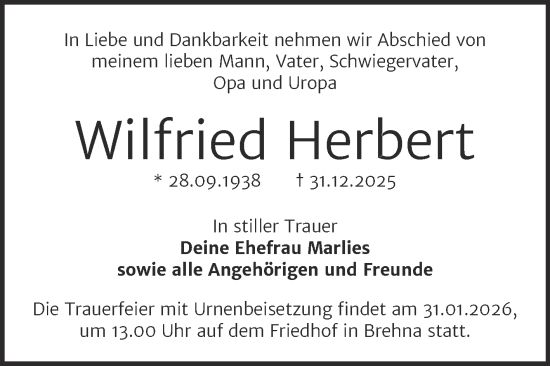 Traueranzeige von Wilfried Herbert von Trauerkombi Bitterfeld