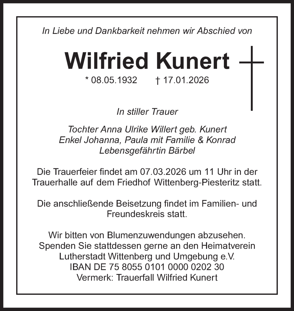  Traueranzeige für Wilfried Kunert vom 31.01.2026 aus Trauerkombi Wittenberg