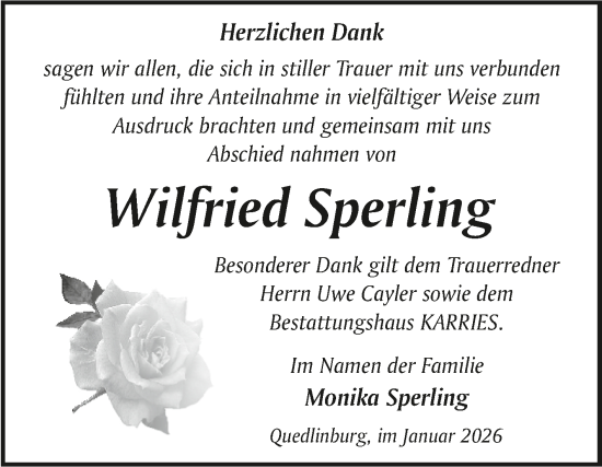 Traueranzeige von Wilfried Sperling von Trauerkombi Quedlinburg