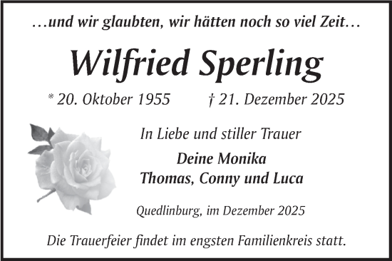 Traueranzeige von Wilfried Sperling von Trauerkombi Quedlinburg