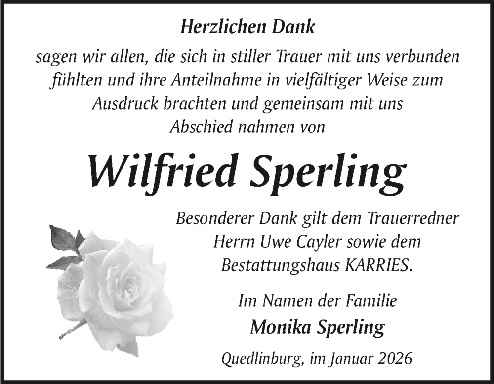  Traueranzeige für Wilfried Sperling vom 24.01.2026 aus Trauerkombi Quedlinburg