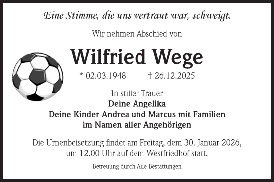 Traueranzeige von Wilfried Wege von Volksstimme Magdeburg