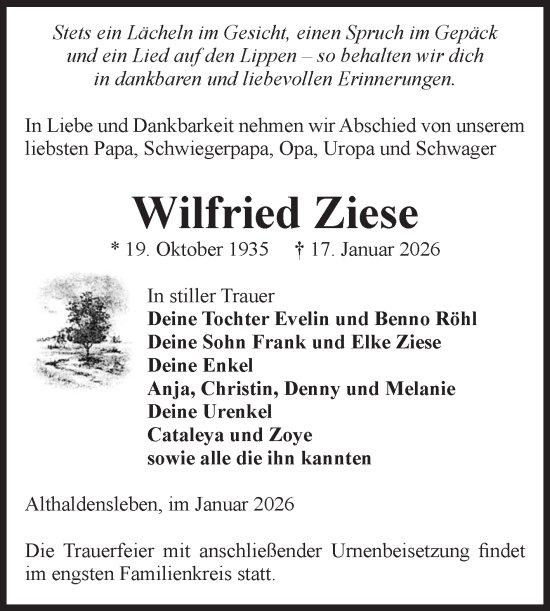 Traueranzeige von Wilfried Ziese von Volksstimme Haldensleben/Wolmirstedt