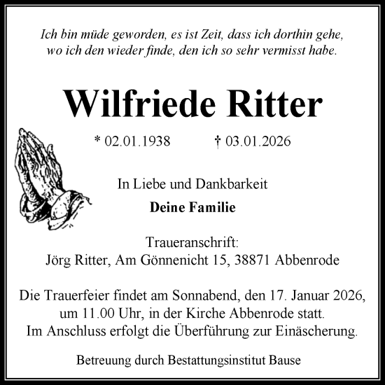 Traueranzeige von Wilfriede Ritter von Volksstimme Wernigerode