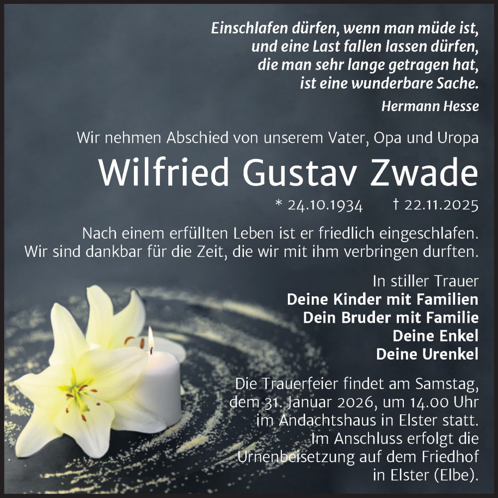  Traueranzeige für Wilfried Gustav Zwade vom 24.01.2026 aus Trauerkombi Wittenberg