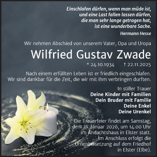 Traueranzeige von Wilfried Gustav Zwade von Trauerkombi Wittenberg
