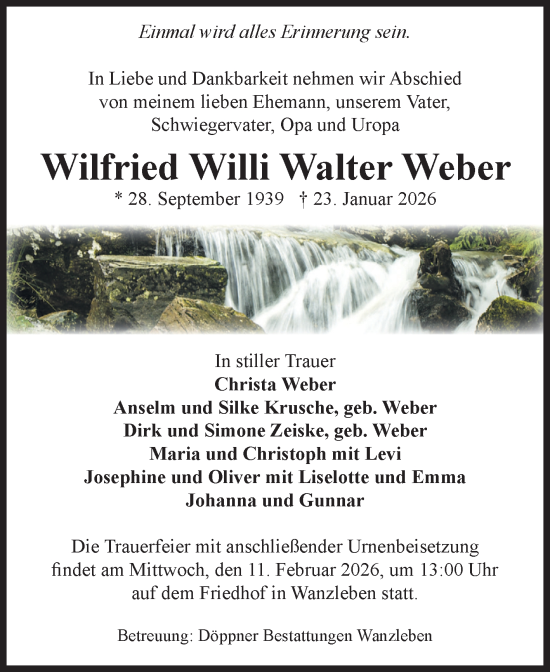 Traueranzeige von Wilfried Willi Walter Weber von Volksstimme Oschersleben/Wanzleben