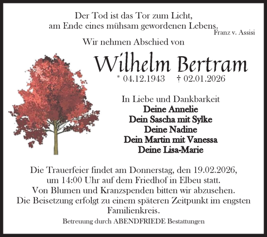 Traueranzeige von Wilhelm Bertram von Volksstimme Haldensleben/Wolmirstedt