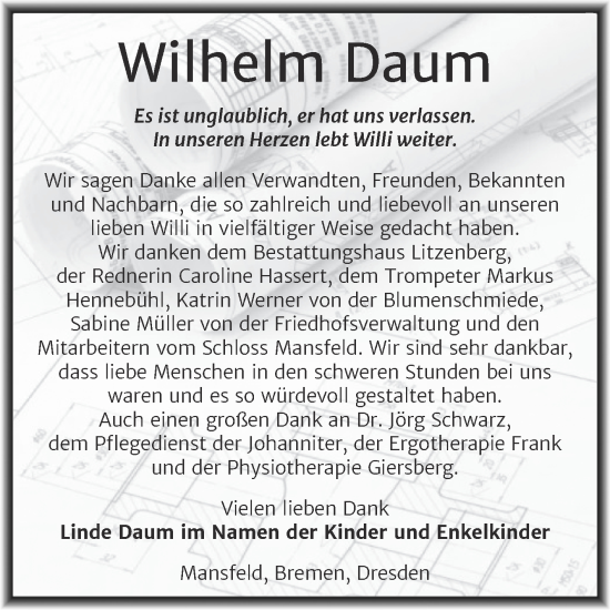 Traueranzeige von Wilhelm Daum von Trauerkombi Mansfelder Land