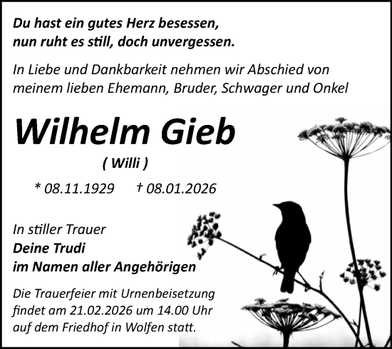 Traueranzeige von Wilhelm Gieb von Trauerkombi Bitterfeld
