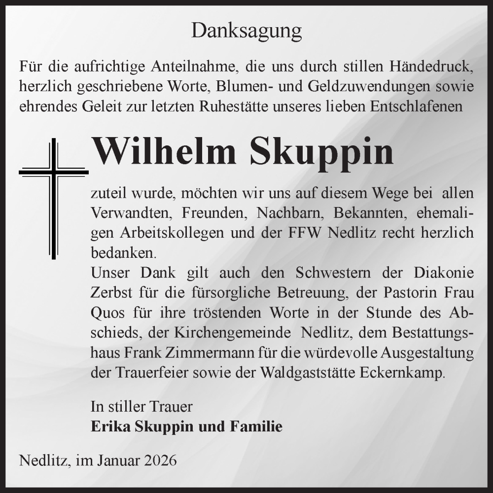  Traueranzeige für Wilhelm Skuppin vom 24.01.2026 aus Volksstimme Zerbst