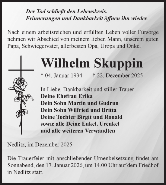 Traueranzeige von Wilhelm Skuppin von Volksstimme Zerbst