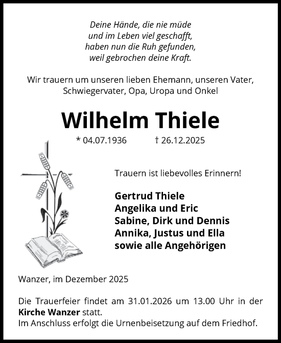 Traueranzeige von Wilhelm Thiele von Volksstimme Altmark Ost