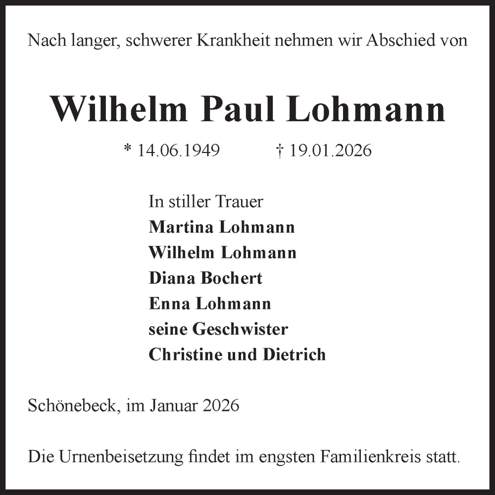  Traueranzeige für Wilhelm Paul Lohmann vom 24.01.2026 aus Volksstimme Schönebeck
