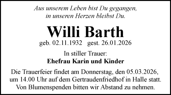 Traueranzeige von Willi Barth von Mitteldeutsche Zeitung Halle/Saalkreis