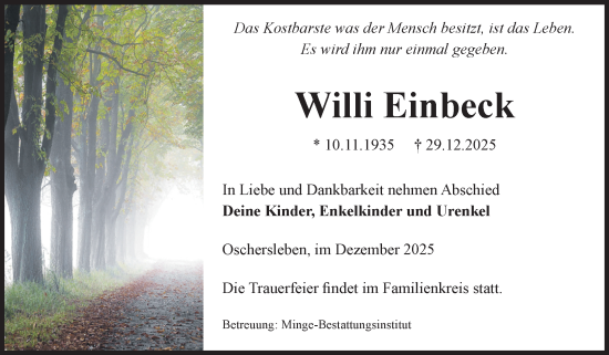 Traueranzeige von Willi Einbeck von Volksstimme Oschersleben/Wanzleben