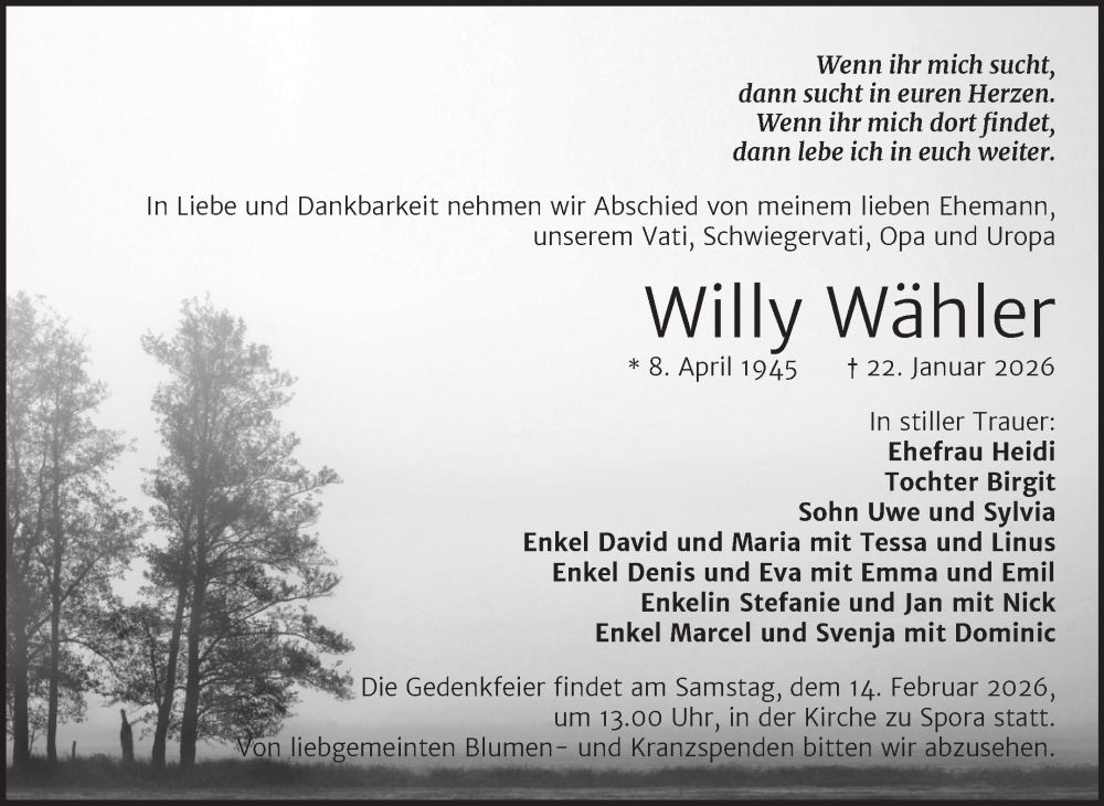  Traueranzeige für Willy Wähler vom 31.01.2026 aus Trauerkombi Zeitz