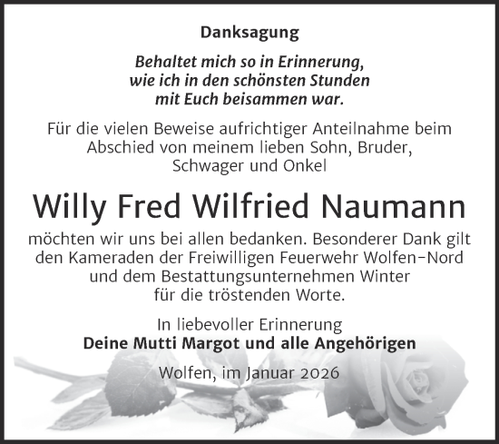 Traueranzeige von Willy Fred Wilfried Naumann von Trauerkombi Bitterfeld