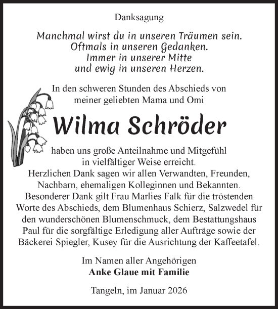 Traueranzeige von Wilma Schröder von Volksstimme Altmark West