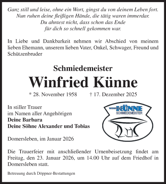 Traueranzeige von Winfried Künne von Volksstimme Oschersleben/Wanzleben