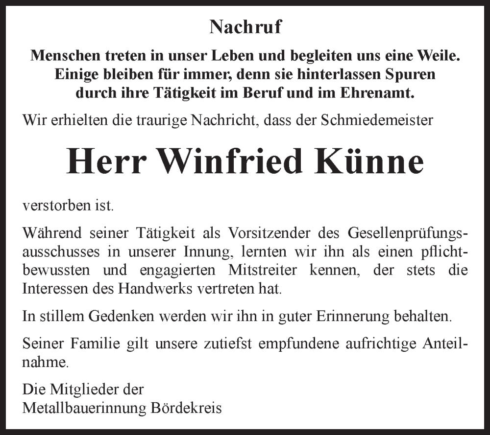  Traueranzeige für Winfried Künne vom 24.01.2026 aus Volksstimme Oschersleben/Wanzleben