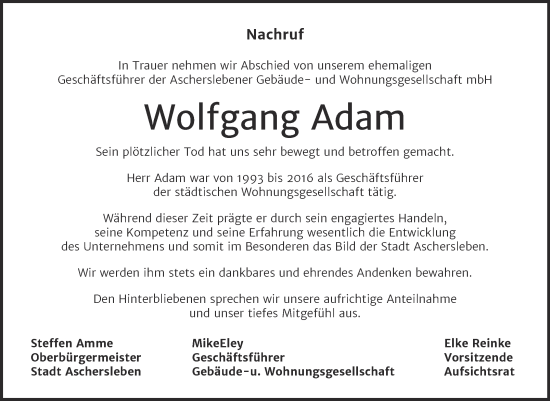 Traueranzeige von Wolfgang Adam von Mitteldeutsche Zeitung Aschersleben