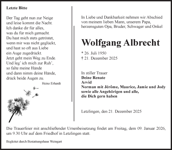 Traueranzeige von Wolfgang Albrecht von Volksstimme Altmark Ost