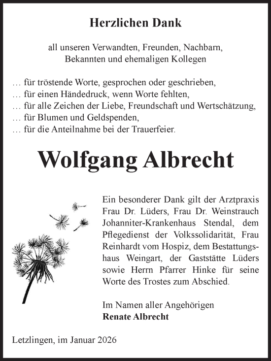 Traueranzeige von Wolfgang Albrecht von Volksstimme Altmark Ost