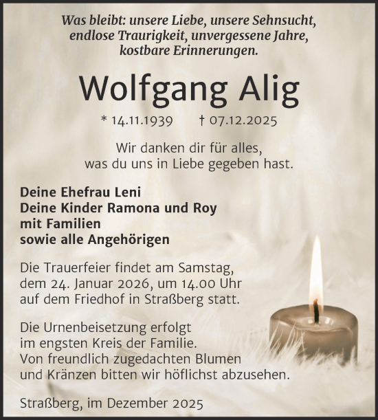 Traueranzeige von Wolfgang Alig von Trauerkombi Quedlinburg