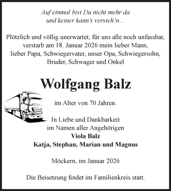 Traueranzeige von Wolfgang Balz von Volksstimme Burg/Genthin