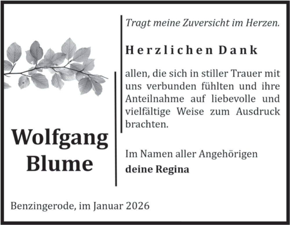  Traueranzeige für Wolfgang Blume vom 17.01.2026 aus Volksstimme Wernigerode