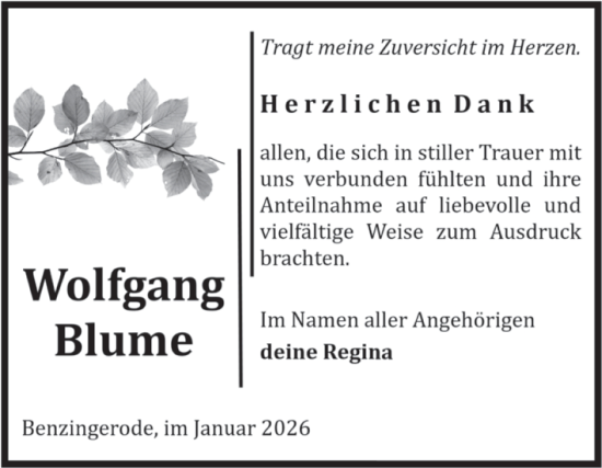 Traueranzeige von Wolfgang Blume von Volksstimme Wernigerode