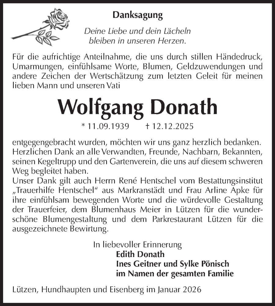  Traueranzeige für Wolfgang Donath vom 31.01.2026 aus Mitteldeutsche Zeitung Weißenfels