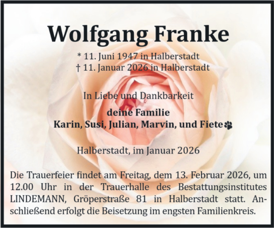 Traueranzeige von Wolfgang Franke von Volksstimme Halberstadt
