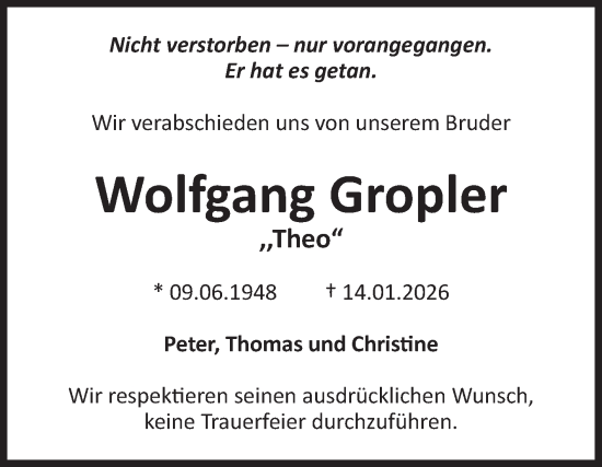 Traueranzeige von Wolfgang Gropler von Volksstimme Burg/Genthin