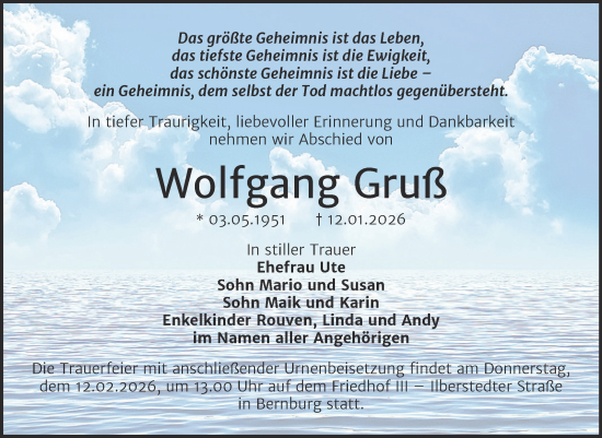 Traueranzeige von Wolfgang Gruß von Trauerkombi Bernburg