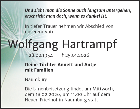 Traueranzeige von Wolfgang Hartrampf von Naumburger Tageblatt