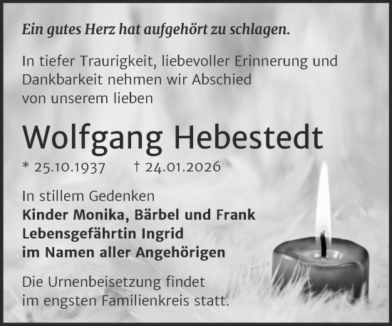 Traueranzeige von Wolfgang Hebestedt von Trauerkombi Bernburg