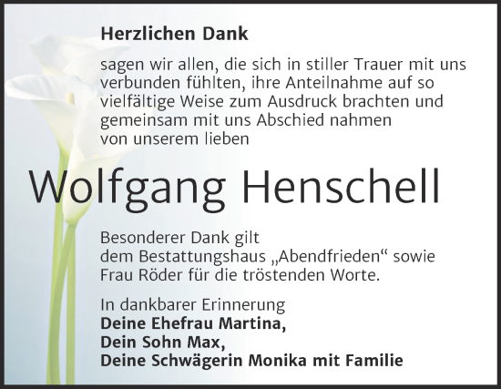 Traueranzeige von Wolfgang Henschell von Trauerkombi Merseburg