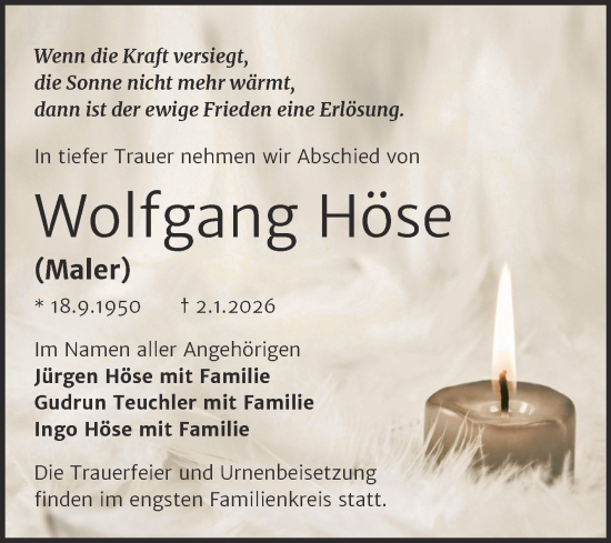 Traueranzeige von Wolfgang Höse von Trauerkombi Köthen