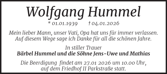 Traueranzeige von Wolfgang Hummel von Trauerkombi Bernburg