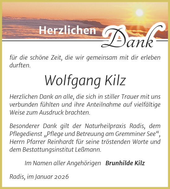 Traueranzeige von Wolfgang Kilz von Trauerkombi Wittenberg