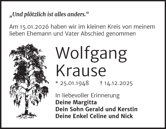 Traueranzeige von Wolfgang Krause von Super Sonntag Wittenberg