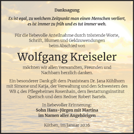 Traueranzeige von Wolfgang Kreiseler von Trauerkombi Köthen