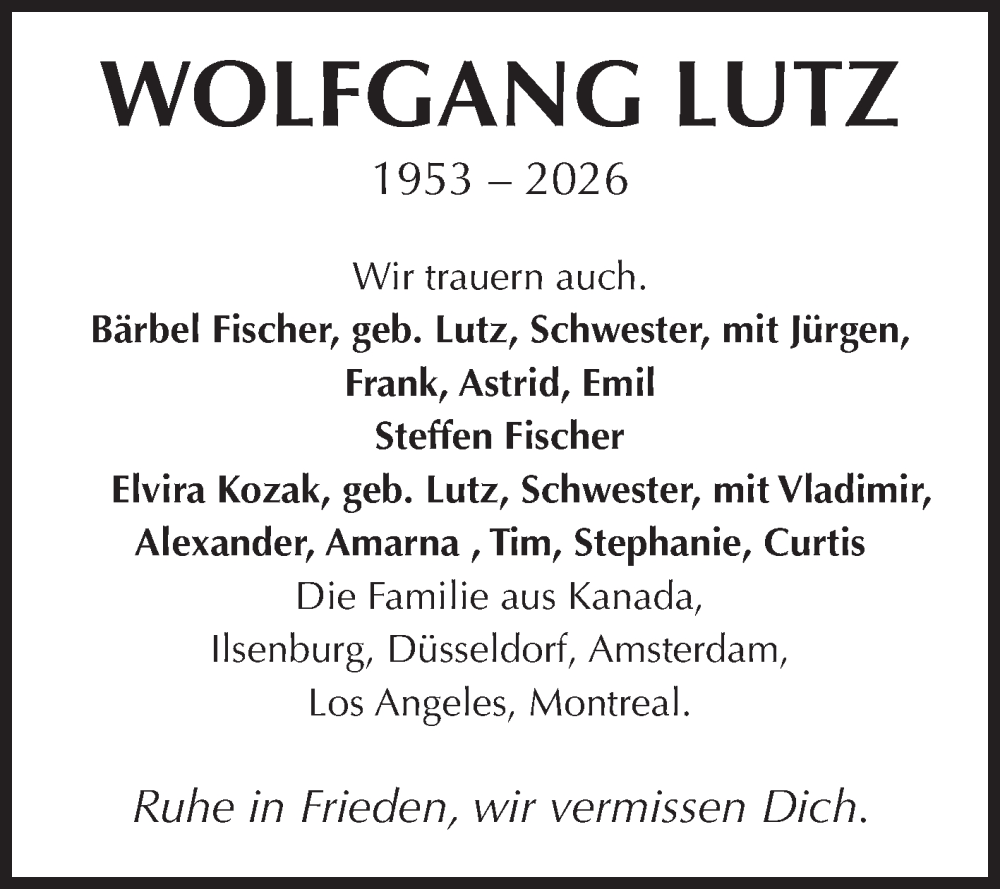  Traueranzeige für Wolfgang Lutz vom 31.01.2026 aus Volksstimme Wernigerode