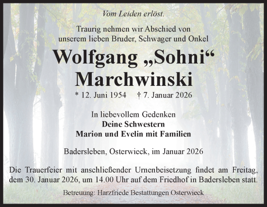 Traueranzeige von Wolfgang Marchwinski von Volksstimme Halberstadt