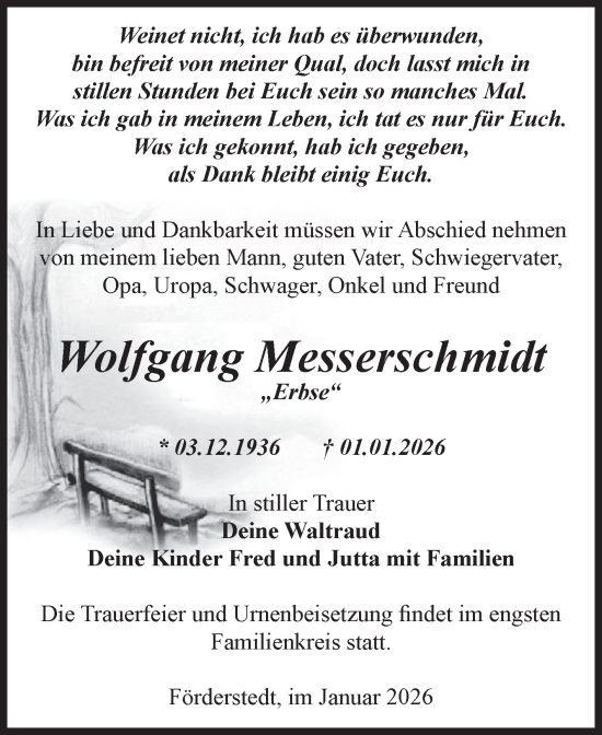 Traueranzeige von Wolfgang Messerschmidt von Volksstimme Staßfurt