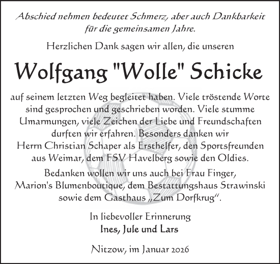 Traueranzeige von Wolfgang Schicke von Volksstimme Altmark Ost