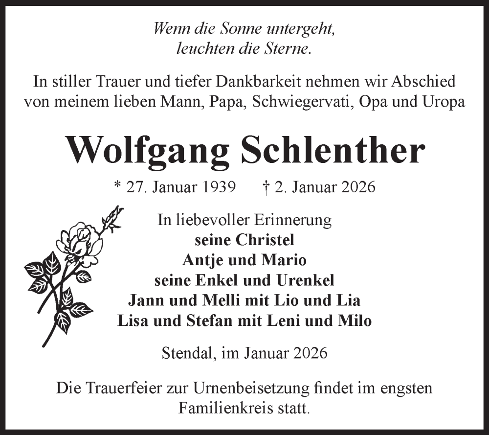  Traueranzeige für Wolfgang Schlenther vom 17.01.2026 aus Volksstimme Altmark Ost