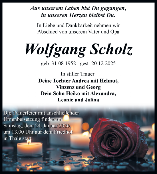 Traueranzeige von Wolfgang Scholz von Trauerkombi Quedlinburg